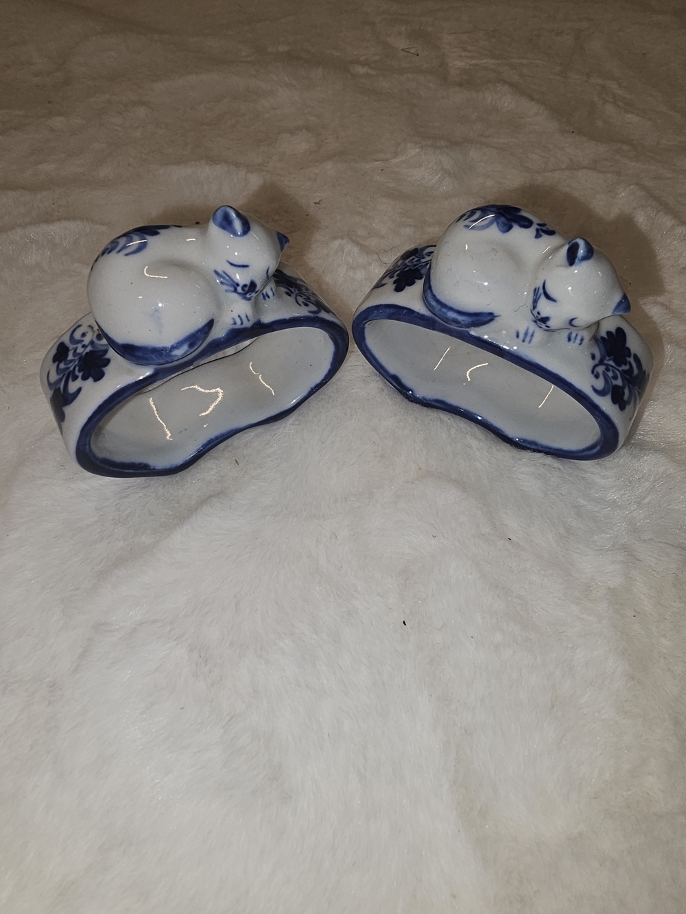 Vintage Blue and White Porcelain Kitty Napkin Rings - Pair